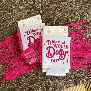 NWT Dolly Parton Double-Sided Fringe Can Koozie Can Holder, Set of 2